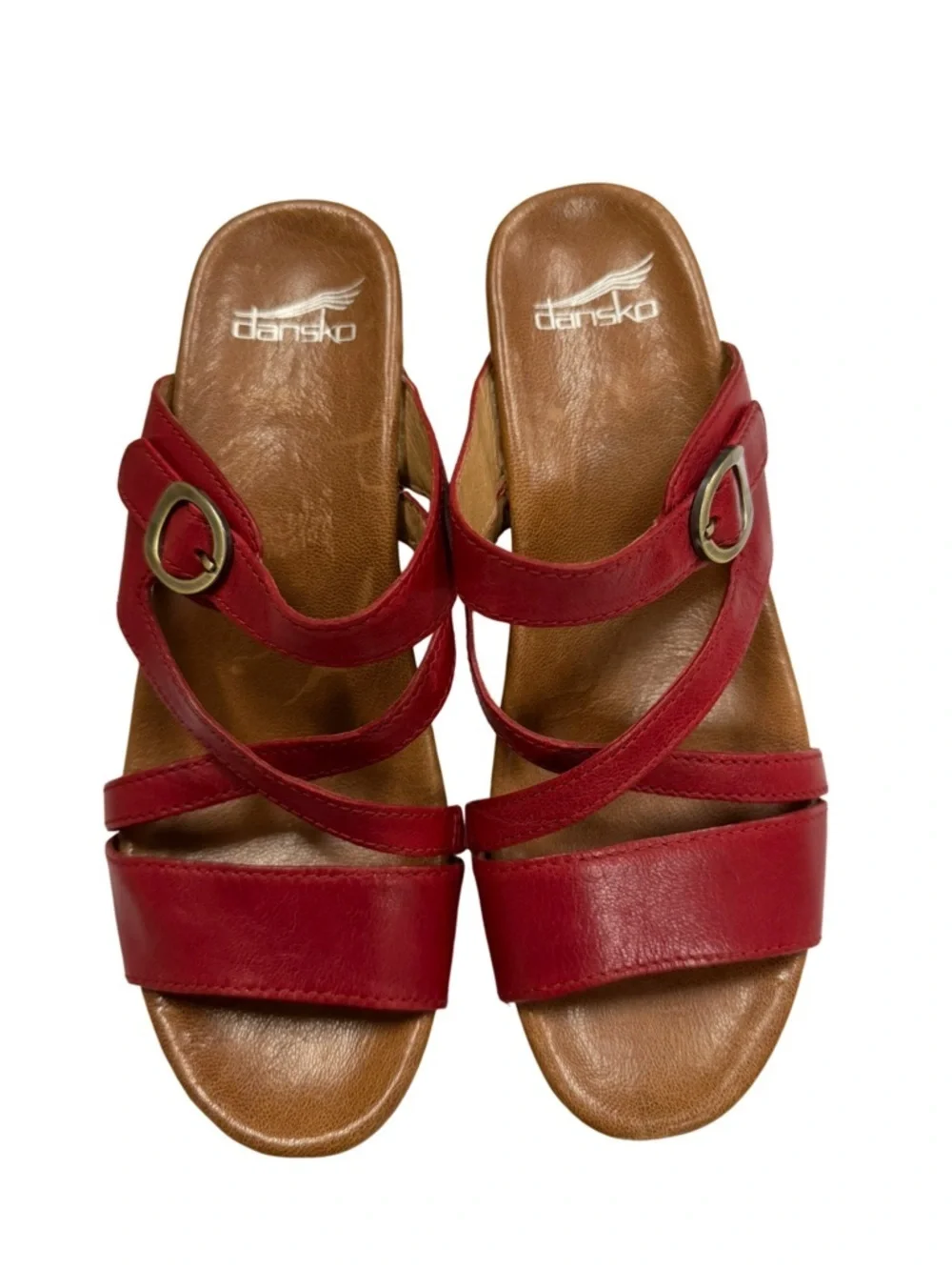 Dansko Ana Strappy Wedge Sandals Red Leather Size 38 (US 7.5-8)